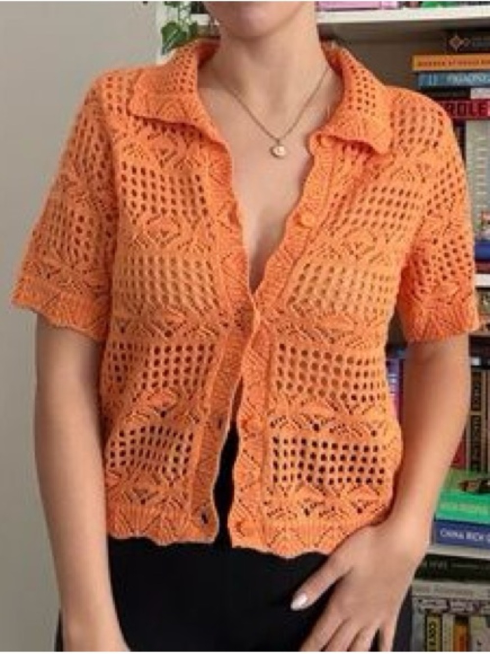 Orange Crochet Openwork Button-Front Top
